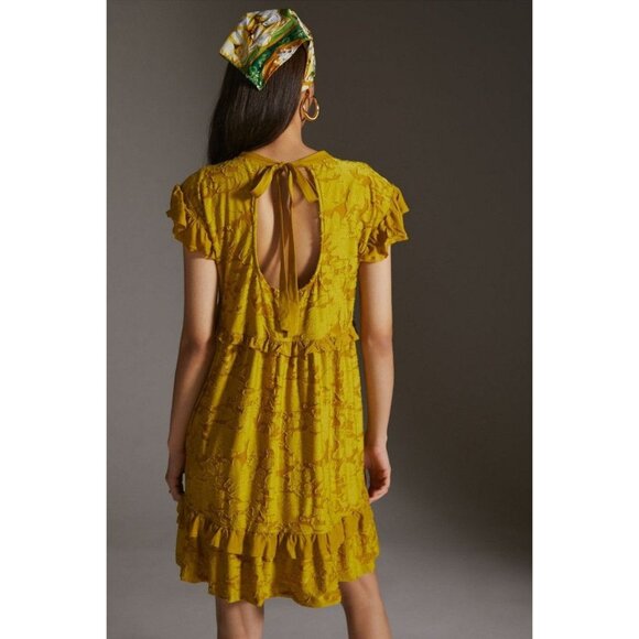 Anthropologie Playful Ruffle Knit Mini Dress Size Medium Mustard Yellow lined N1 - Picture 1 of 10